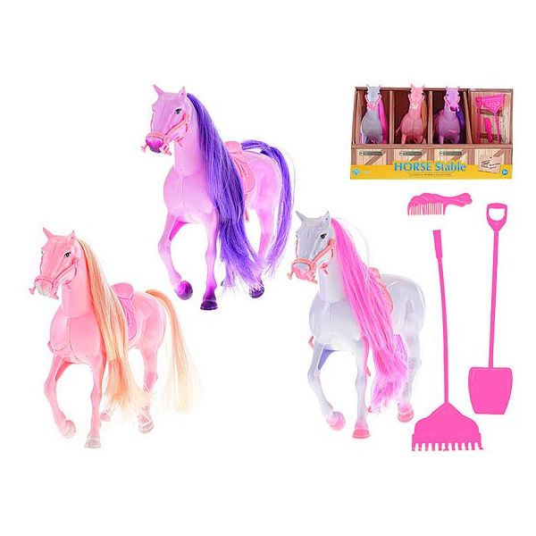 Kůň 18cm 3ks se sedlem a doplňky v papírové stáji