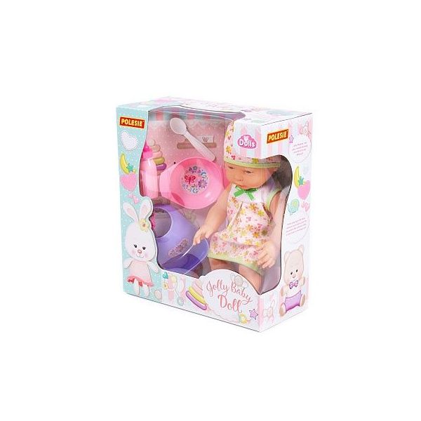 Panenka Veselá 35 cm s dudlíkem a sadou na krmení